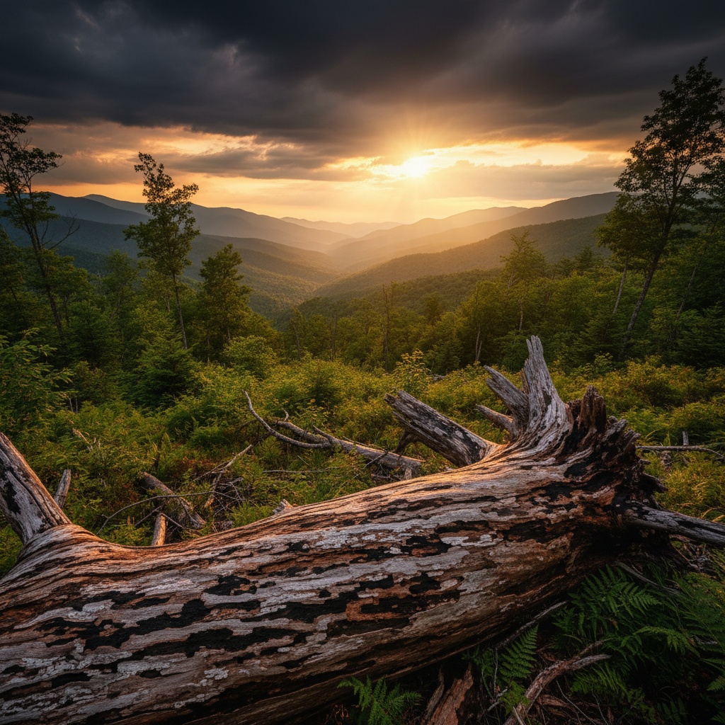 Fallen trees in the Blue Ridge Mountains at golden hour